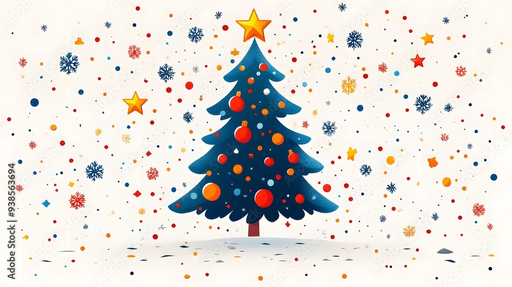 Modern minimalist Christmas tree in geometric style for New Year 2025, with vibrant stars and abstract elements in a flat cartoon illustration on a white background. Modern minimalist Christmas tree in geometric style for New Year 2025, with vibrant stars and abstract elements in a flat cartoon illustration on a white background.