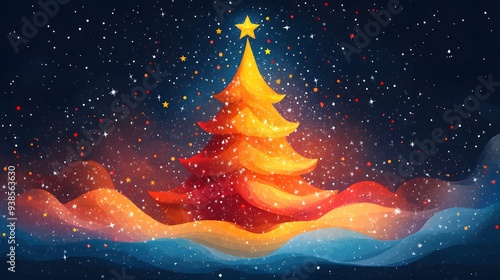 New Year 2025 themed Christmas tree in minimalist geometric style, flat cartoon illustration with vibrant stars and abstract elements on a white backdrop. photo