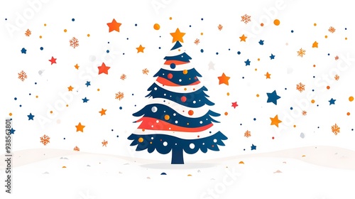 New Year 2025 Christmas tree in flat cartoon style with geometric design, colorful abstract elements, and stars on a clean white background.