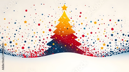 Minimalist Christmas tree in modern geometric style for Happy New Year 2025, with colorful abstract elements and stars in a flat cartoon illustration on a white background. photo