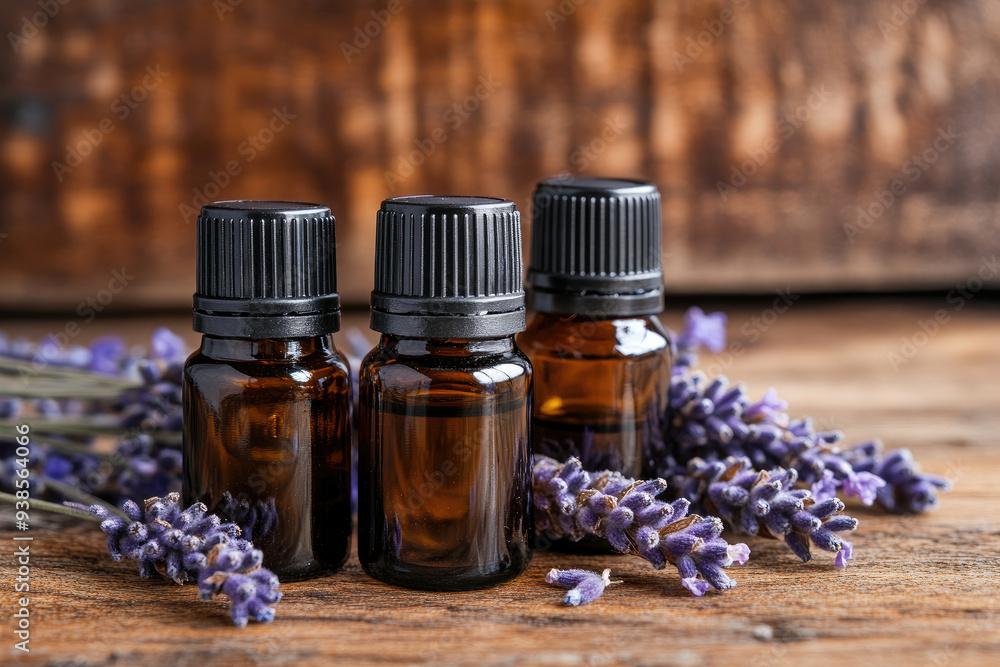 Bottles of Essential Oil with Fresh Lavender on a Rustic Wooden Surface Bottles of Essential Oil with Fresh Lavender on a Rustic Wooden Surface