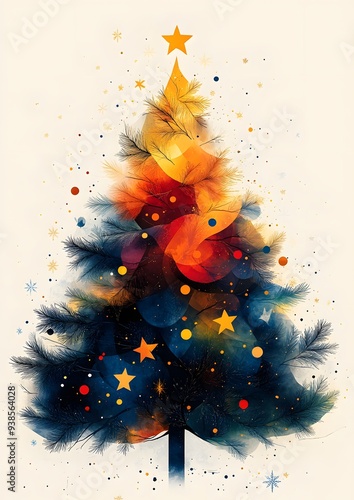 Festive illustration of a Christmas tree in modern geometric style for New Year 2025, incorporating stars and abstract vectors in vibrant colors on a white background. photo