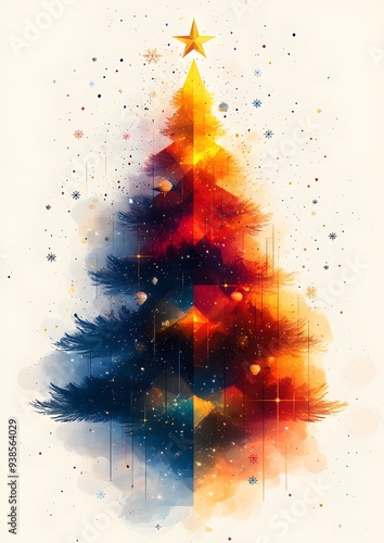 Festive illustration of a Christmas tree in modern geometric style for New Year 2025, incorporating stars and abstract vectors in vibrant colors on a white background. photo