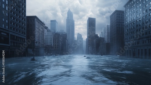 Flooded Cityscape with Skyscrapers and Dark Clouds.