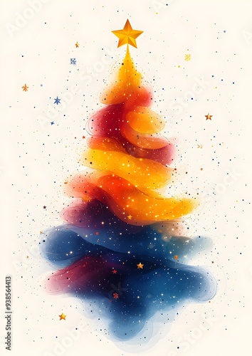 Bright and colorful geometric Christmas tree design for New Year 2025, flat cartoon style with stars and abstract vectors on a white background. photo