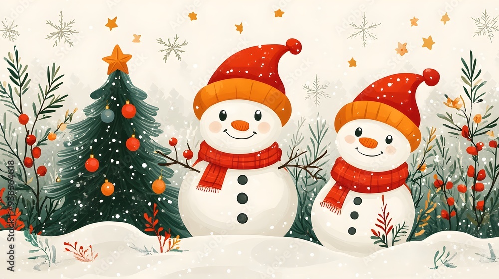 Cheerful Christmas snowman with a tree, illustrated in flat cartoon style with vibrant colors, stars, and abstract elements on a white backdrop. Cheerful Christmas snowman with a tree, illustrated in flat cartoon style with vibrant colors, stars, and abstract elements on a white backdrop.
