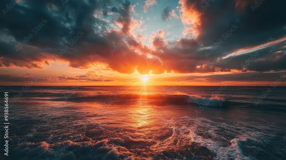 Dramatic Sunset Over Ocean Waves with Golden Clouds Dramatic Sunset Over Ocean Waves with Golden Clouds
