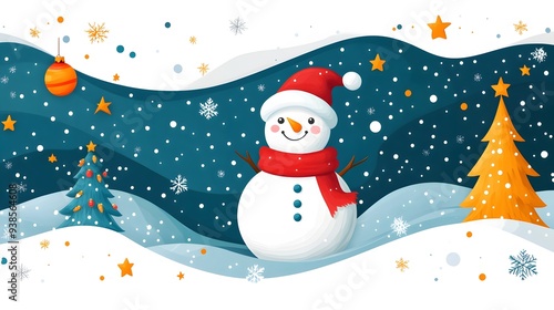 Cheerful Christmas snowman with a tree, illustrated in flat cartoon style with vibrant colors, stars, and abstract elements on a white backdrop.