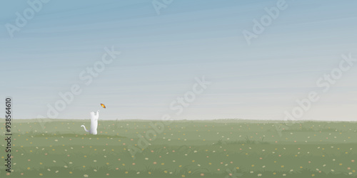 Minimalist flower field landscape with a cat playing with butterfly graphic illustrated have blank space.