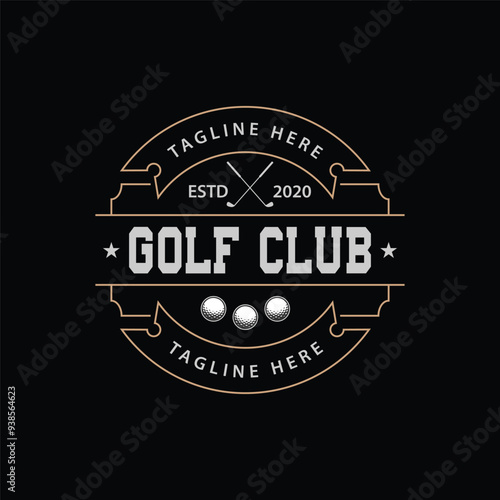 Golf club logo, icon or badge design with ball on a tee and golf sticks. Vintage sport emblem. Tournament or championship label. Vector illustration.