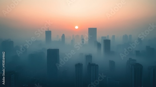 Sunrise Over Foggy City Skyline with Tall Buildings.