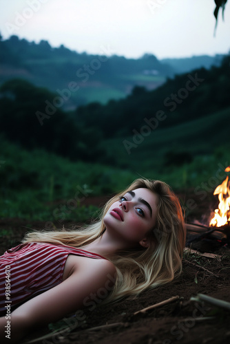 Blonde girl gazing at the campfire as evening falls photo