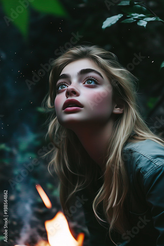 Blonde girl gazing at the campfire as evening falls photo