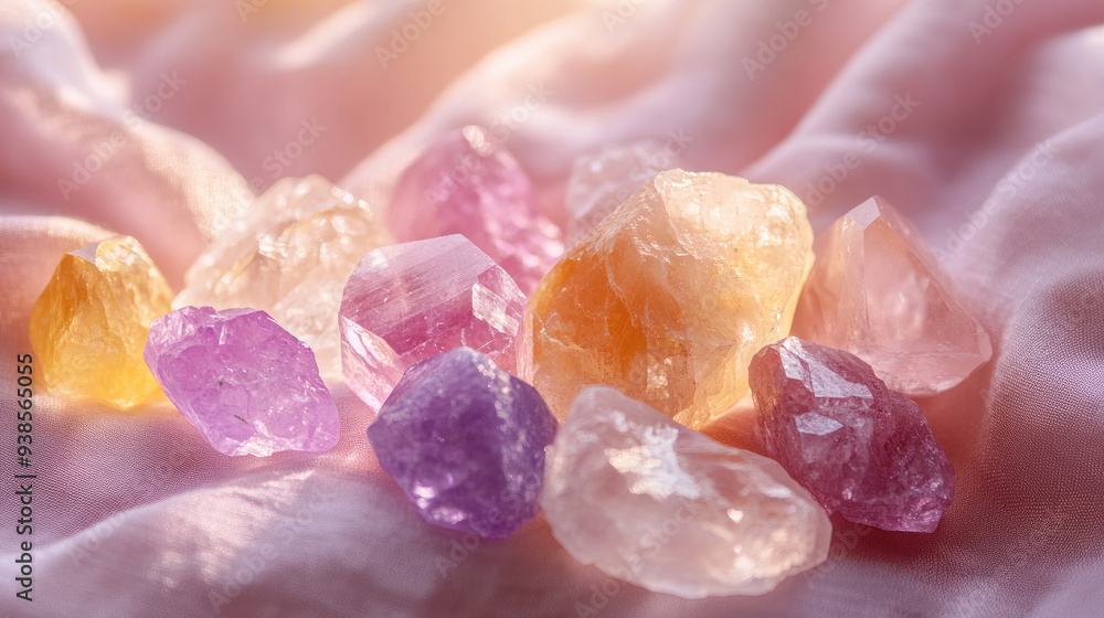 Colorful Raw Crystals on Soft Pink Fabric in Natural Light Colorful Raw Crystals on Soft Pink Fabric in Natural Light
