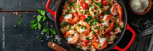 Seafood Risotto in a Red Pan, Aerial View photo