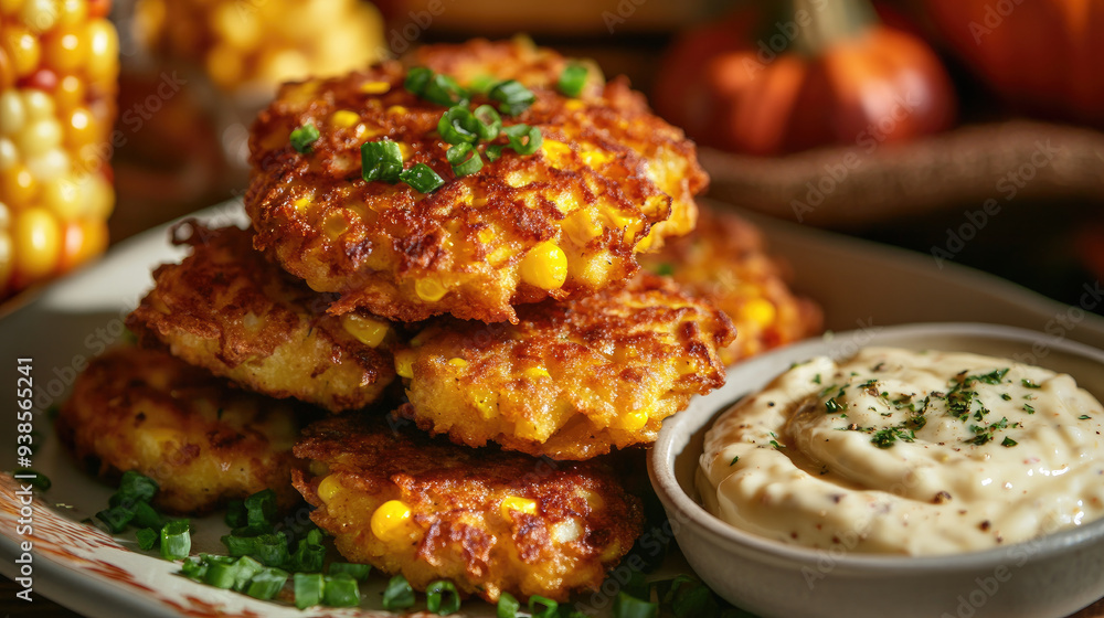 Crispy Corn Fritters Served with Creamy Dipping Sauce on a Rustic Plate Crispy Corn Fritters Served with Creamy Dipping Sauce on a Rustic Plate