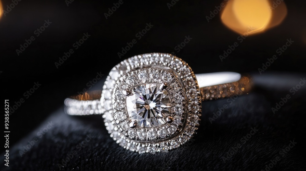 Intricate diamond ring with a halo setting, lying on a black velvet cushion, symbolizing sophistication Intricate diamond ring with a halo setting, lying on a black velvet cushion, symbolizing sophistication