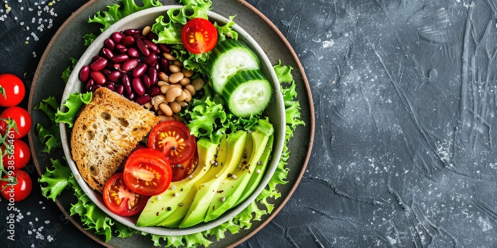 Vibrant salad featuring lettuce, avocado, grape tomatoes, cucumber slices, kidney beans, and a slice of toasted bread. Vibrant salad featuring lettuce, avocado, grape tomatoes, cucumber slices, kidney beans, and a slice of toasted bread.