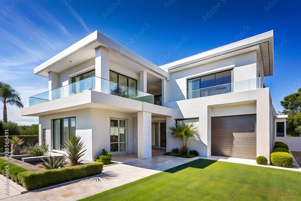 Modern White House with Lush Green Lawn and Palm Trees. Modern White House with Lush Green Lawn and Palm Trees.