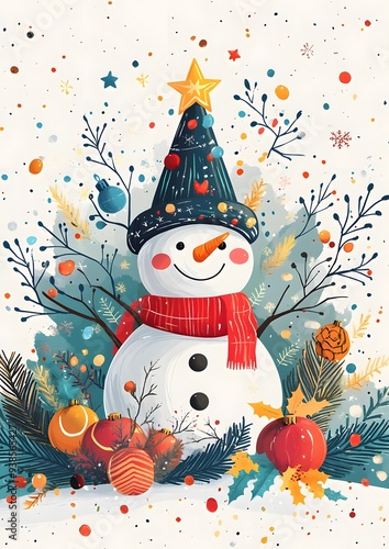 Cheerful Christmas snowman and tree in colorful flat cartoon style, with stars and abstract vector elements on a white backdrop