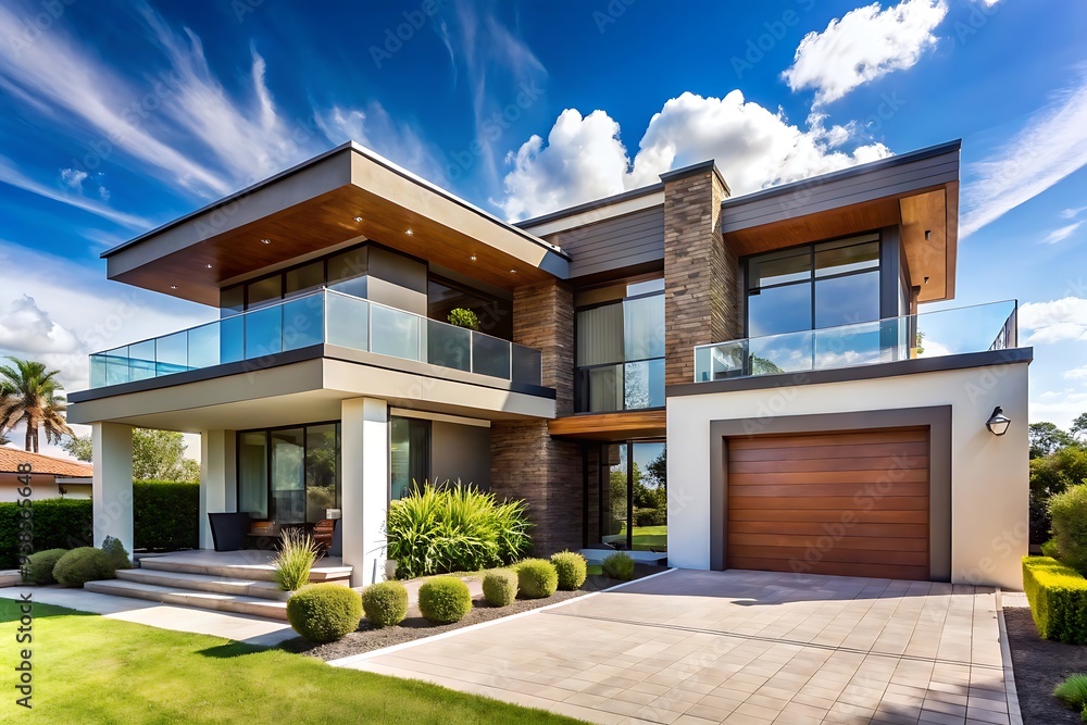 Modern Luxury Home with Stone Facade and Glass Balconies. Modern Luxury Home with Stone Facade and Glass Balconies.