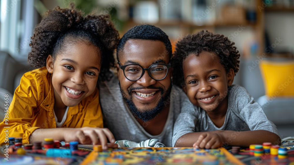 Fototapeta premium Parents and kids playing board games in the living room, laughter and joy on their faces