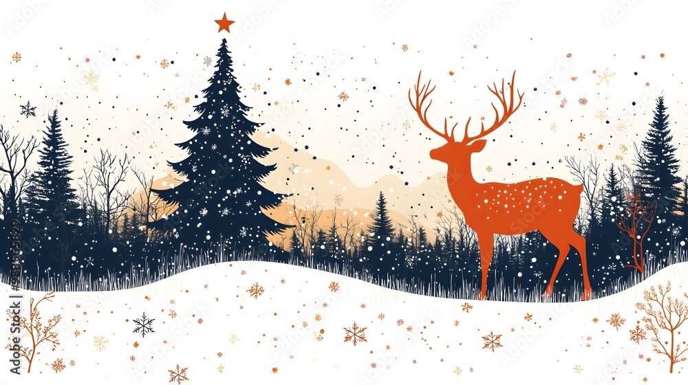 Contemporary holiday card with abstract elements, including a Christmas tree and deer, framed with decorative borders and copy space on a white background Contemporary holiday card with abstract elements, including a Christmas tree and deer, framed with decorative borders and copy space on a white background