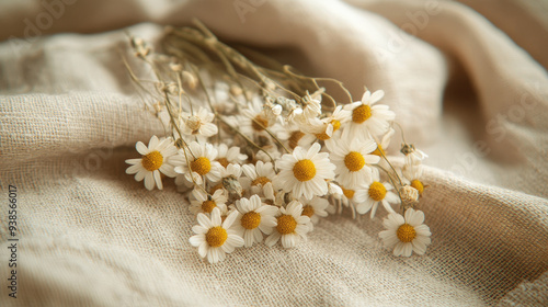 Delicate Chamomile Flowers Resting on Linen Fabric