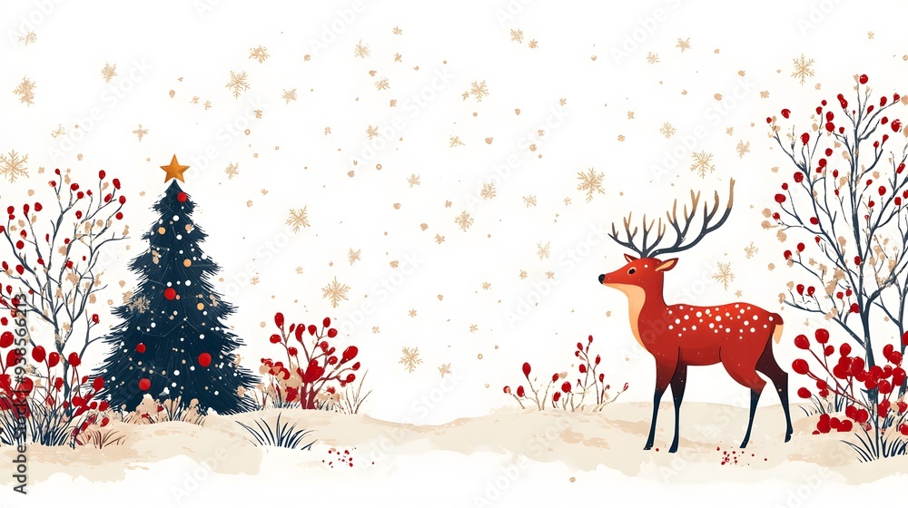 Stylish holiday card with abstract Christmas elements, a Christmas tree, deer, and decorative frame, on a clean white background with room for greetings Stylish holiday card with abstract Christmas elements, a Christmas tree, deer, and decorative frame, on a clean white background with room for greetings