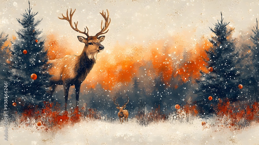 Contemporary Christmas card design with abstract patterns, including a Christmas tree and deer, framed with decorative borders on a white backdrop Contemporary Christmas card design with abstract patterns, including a Christmas tree and deer, framed with decorative borders on a white backdrop