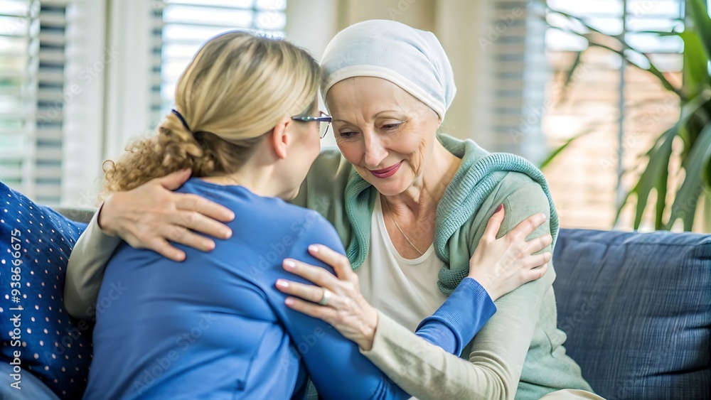Woman comforts mother with cancer. Woman comforts mother with cancer.