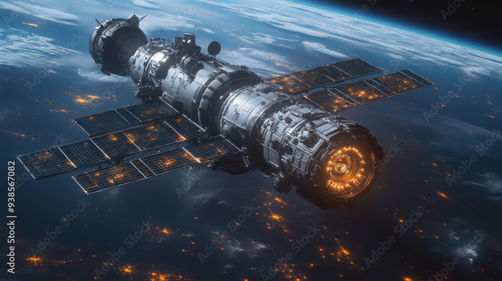 Futuristic Space Station Orbiting Earth With Solar Panels and City Lights Futuristic Space Station Orbiting Earth With Solar Panels and City Lights