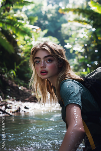 Young explorer walking on a trail in the middle of the jungle photo