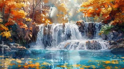 Breathtaking waterfall cascading, Fantasy, Vibrant, Watercolor, Emphasizing natural wonder and sound