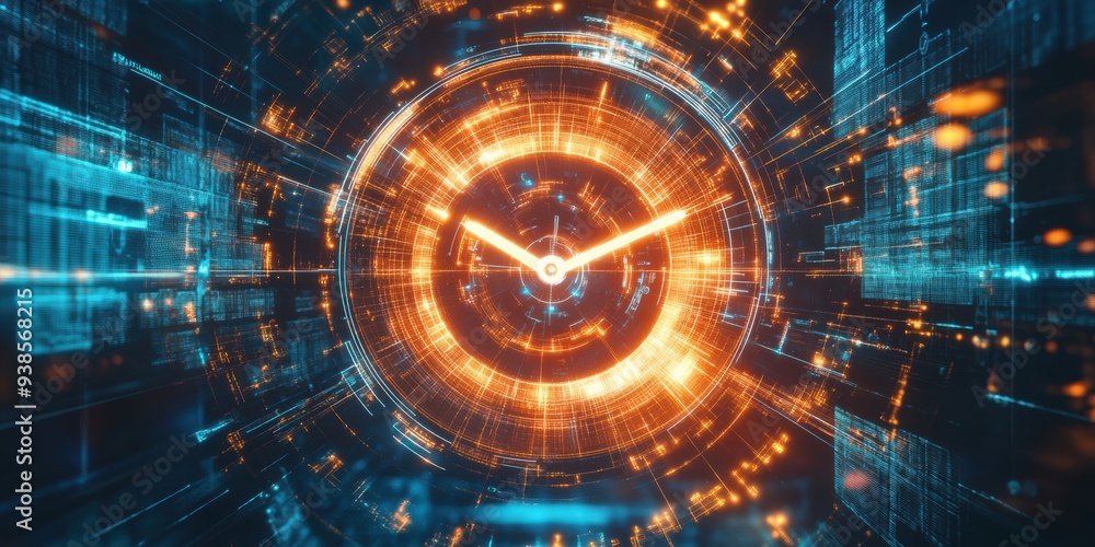 Obraz premium Futuristic clock glowing in digital matrix, representing time and technology in a vibrant, colorful display.