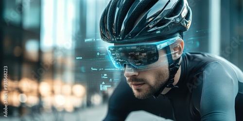 Focused cyclist wearing advanced smart glasses, capturing data in an urban environment during a training session.