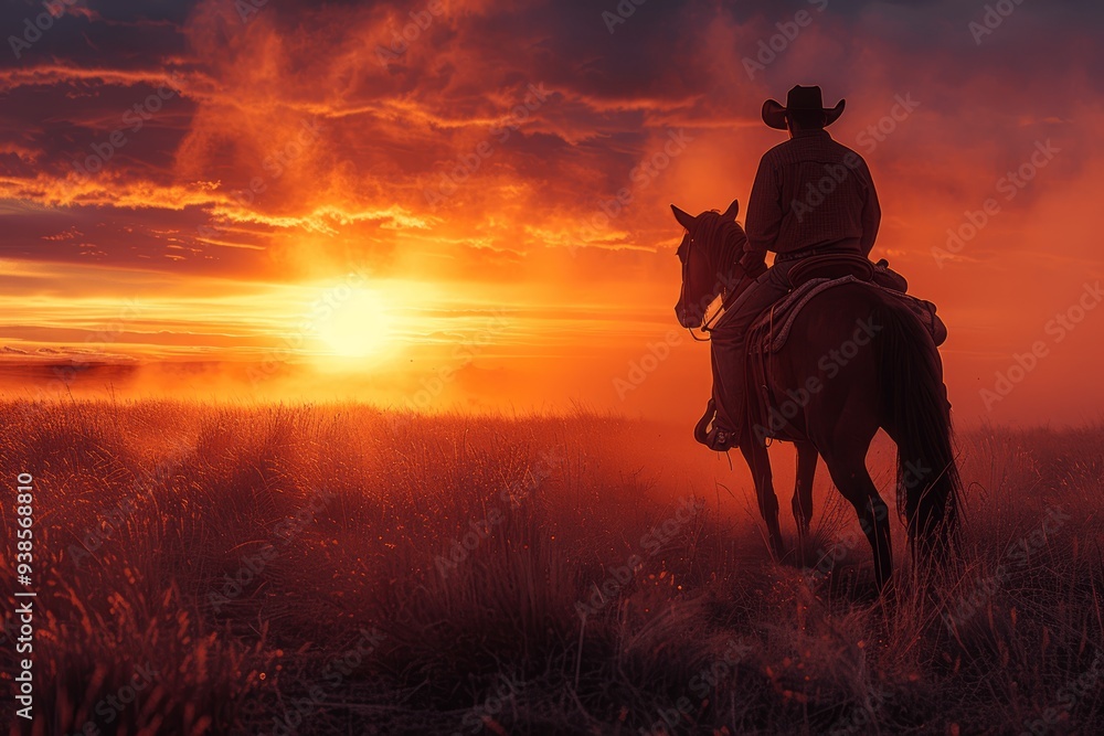 Cowboy Silhouette on Horse Herding Cattle at Sunset Cowboy Silhouette on Horse Herding Cattle at Sunset