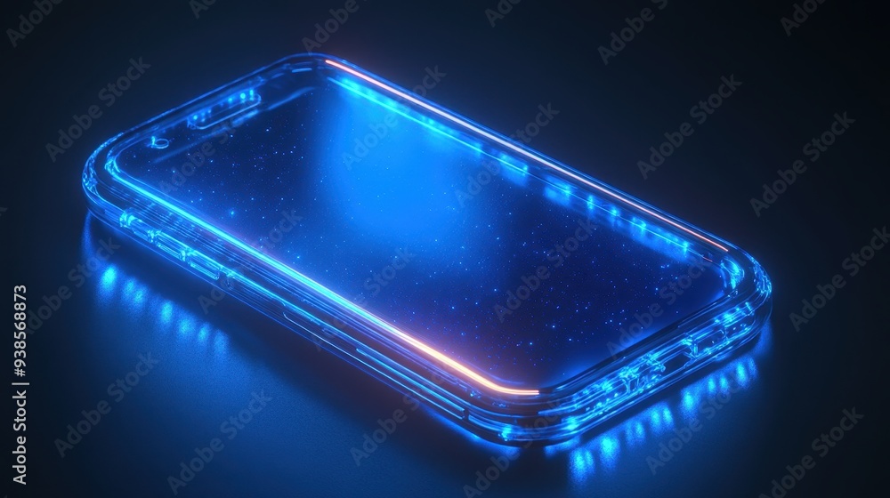Futuristic Phone with Neon Blue Glowing Edge on Dark Background Futuristic Phone with Neon Blue Glowing Edge on Dark Background