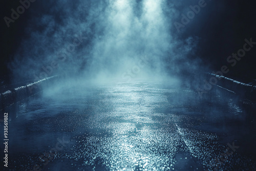 An empty foggy street with wet asphalt creating an eerie and somber atmosphere, suitable for urban landscape or weather-related content.