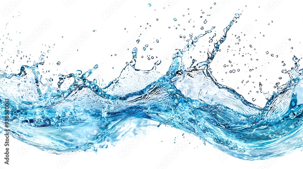 Water splashes and drops isolated on white background. Abstract background with blue water wave Water splashes and drops isolated on white background. Abstract background with blue water wave