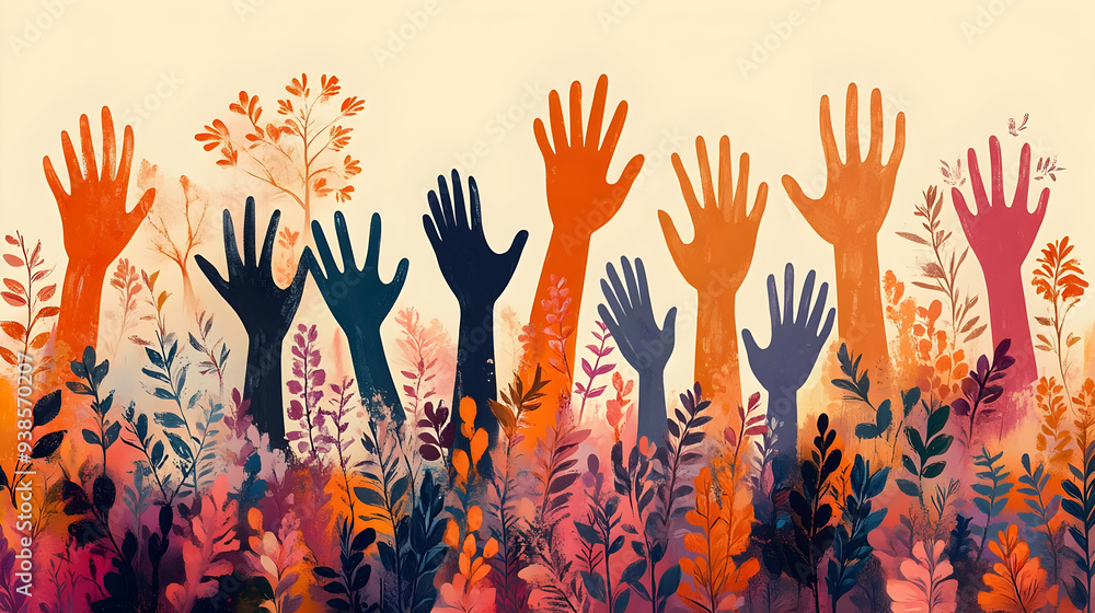 Multicolored hands raised up through field of foliage. Multicolored hands raised up through field of foliage.