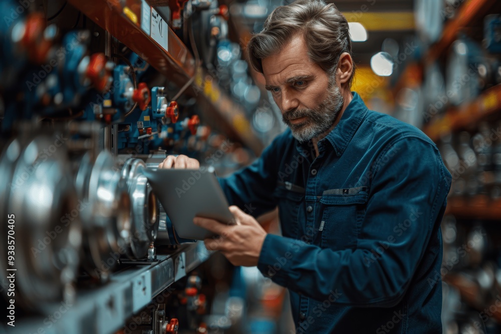 Engineer using laptop for industrial equipment control system in high-tech factory Engineer using laptop for industrial equipment control system in high-tech factory