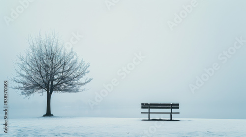 Winter landscape with a bench and a tree, foggy background