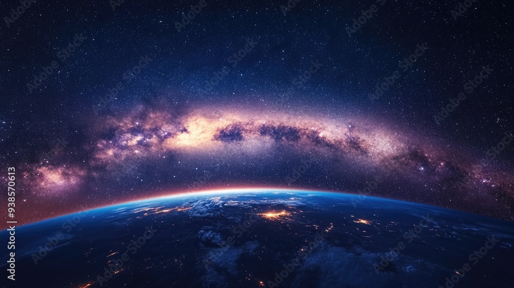 The Milky Way galaxy arching across a starry sky, with Earth glowing in the foreground The Milky Way galaxy arching across a starry sky, with Earth glowing in the foreground