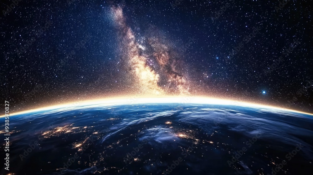 The Milky Way galaxy glowing brightly over Earth, with stars filling the sky The Milky Way galaxy glowing brightly over Earth, with stars filling the sky