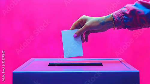 Person casting a vote into a ballot box. photo