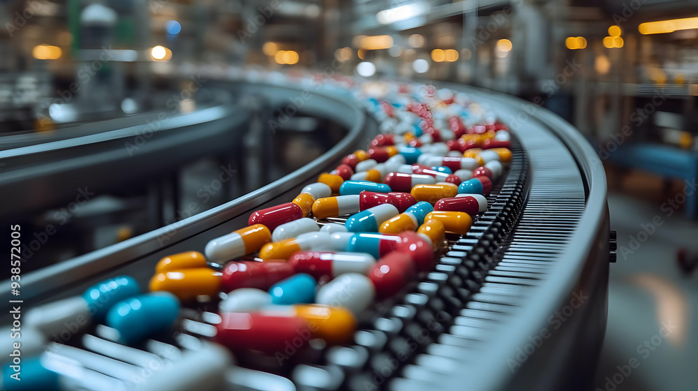 Pharmaceutical pills on a conveyor belt in a factory. Pharmaceutical pills on a conveyor belt in a factory.