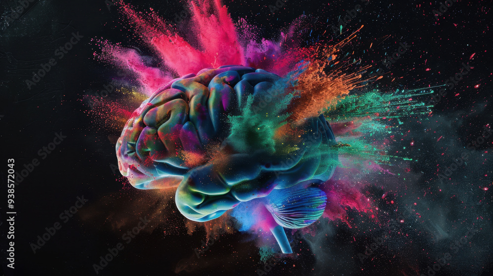 Naklejka premium A colorful brain made of a powder paint explosion on a black background