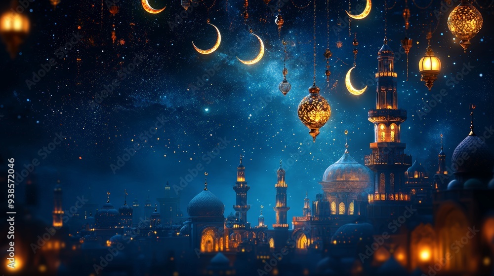 10. Ramadan night, deep blue background with crescent moons and stars, lanterns and prayer beads scattered, Arabic patterns and mosque silhouettes adding spiritual touch, peaceful and serene, 3D 10. Ramadan night, deep blue background with crescent moons and stars, lanterns and prayer beads scattered, Arabic patterns and mosque silhouettes adding spiritual touch, peaceful and serene, 3D