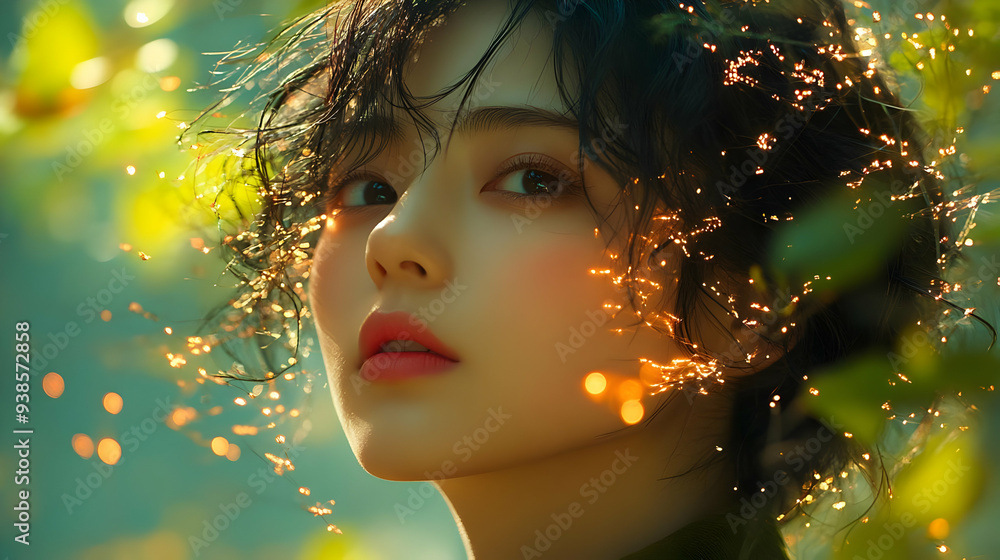 Portrait of a woman with sparkling hair in a forest. Portrait of a woman with sparkling hair in a forest.